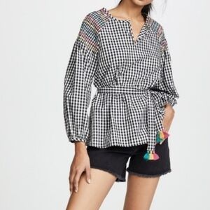 MADEWELL black and white gingham embroidered detail top with waist tie